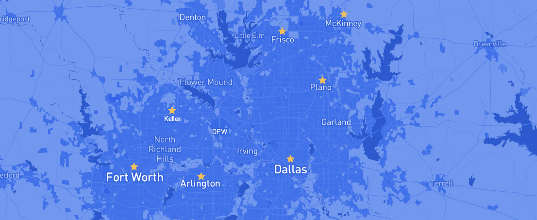 Map of the Metroplex with stars in Fort Worth Arlington Dallas Keller Plano Frisco and McKinney