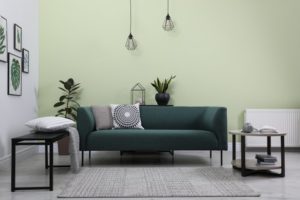 classic, green living room showing interior paint trends